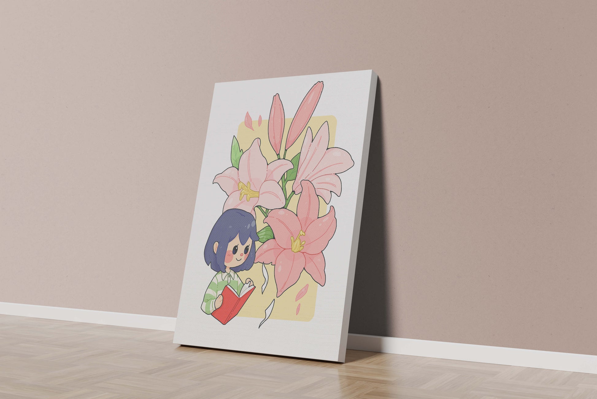 Illustration of a girl reading with large pink lilies in the background
