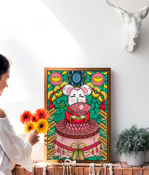 Ratón decorativo encantador con elementos asiáticos y monedas sobre un fondo vibrante