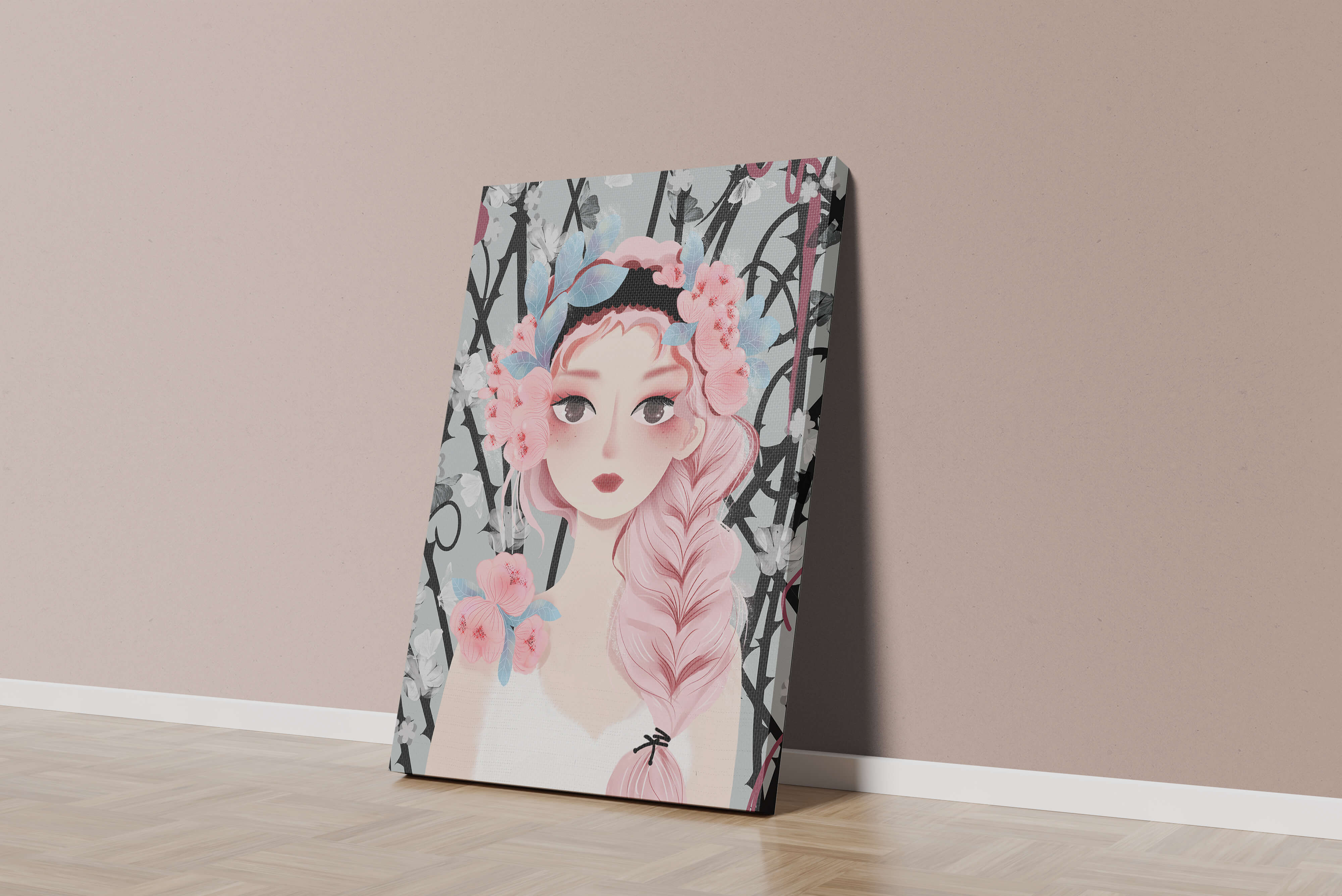 Illustration of a girl with floral headpiece against abstract floral background