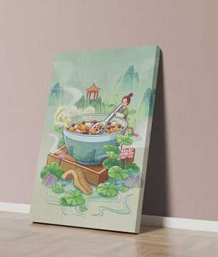 Illustration of a traditional Asian scene with large bowl and serene landscape
