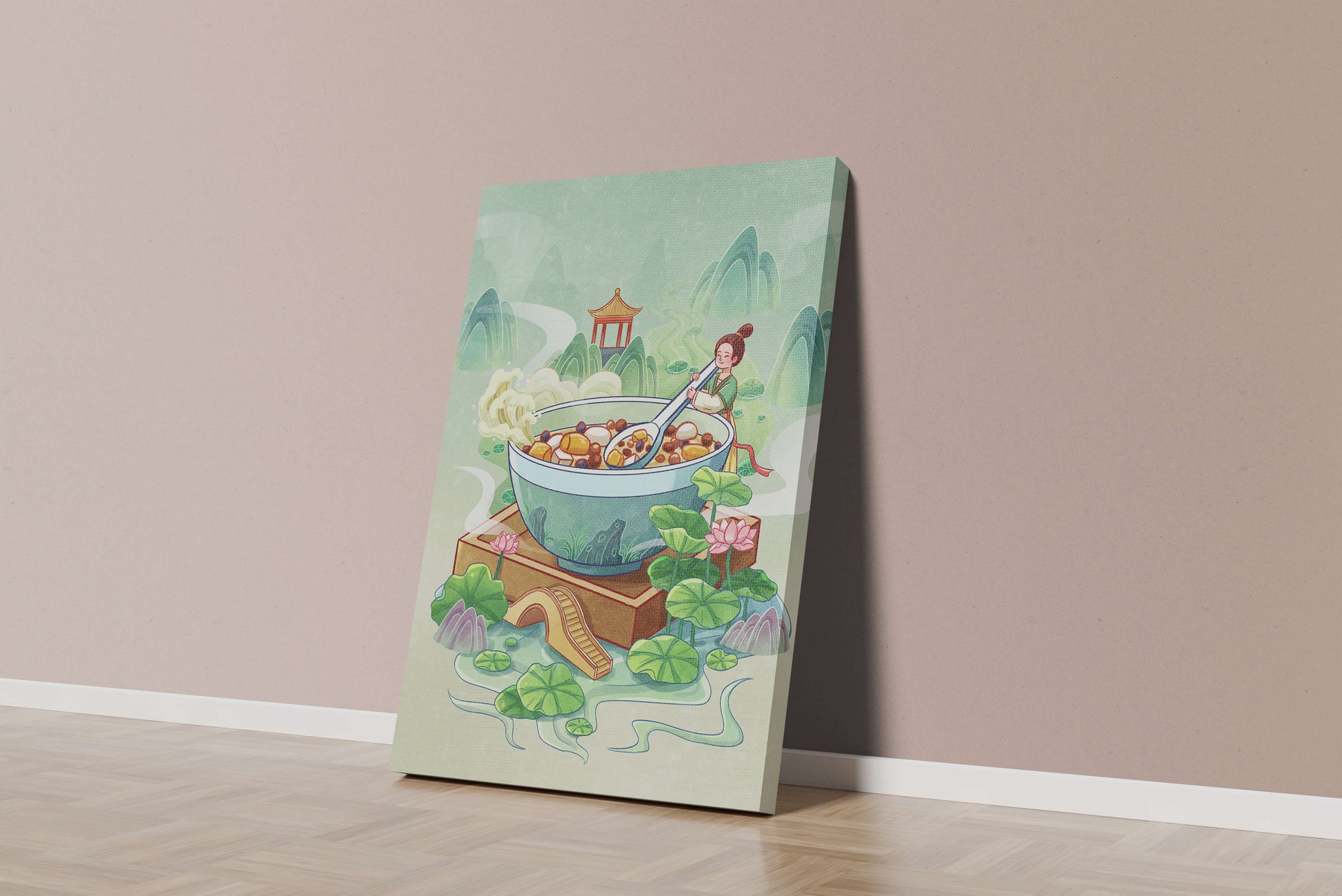Illustration of a traditional Asian scene with large bowl and serene landscape