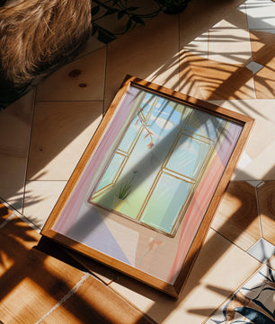 Tranquil open window with floral view and gentle sunlight