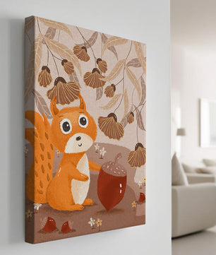 Orange Squirrel with Acorn in Autumn Forest