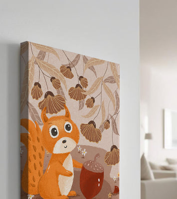 Orange Squirrel with Acorn in Autumn Forest