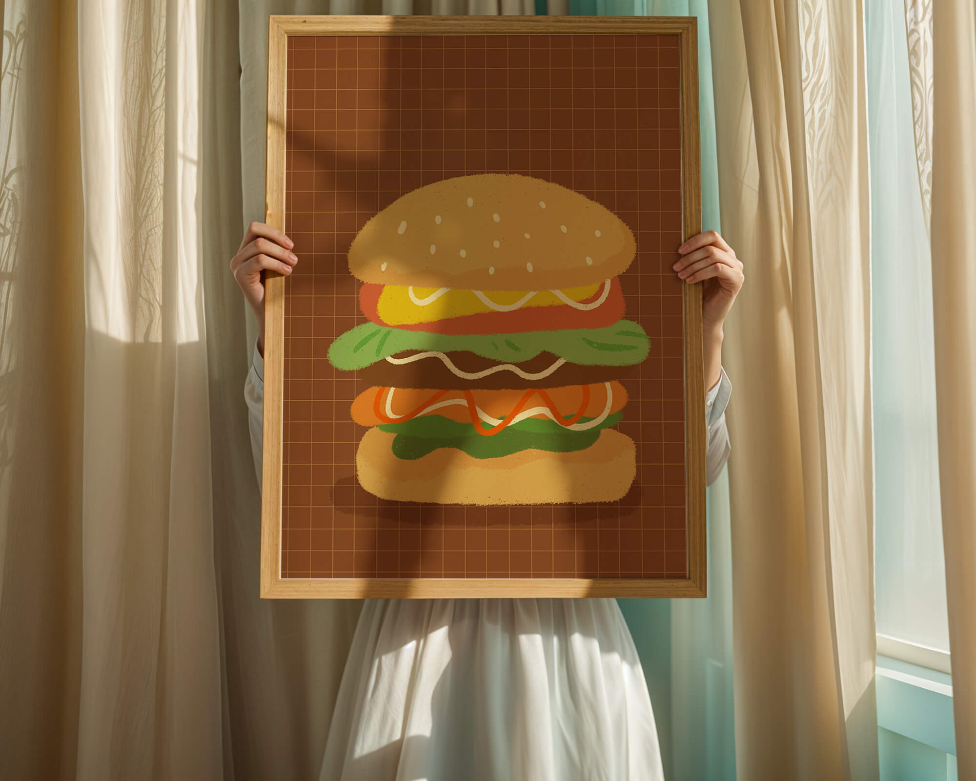 Illustrated cheeseburger with colorful layers on a grid background