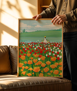 Woman with bicycle in vibrant tulip field by a lake