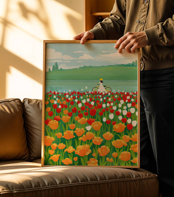 Woman with bicycle in vibrant tulip field by a lake