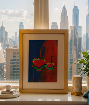 Pintura abstracta de cerezas con colores vibrantes