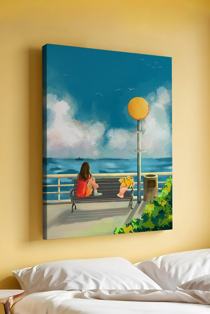 Serene waterfront scene with woman on bench facing the sea