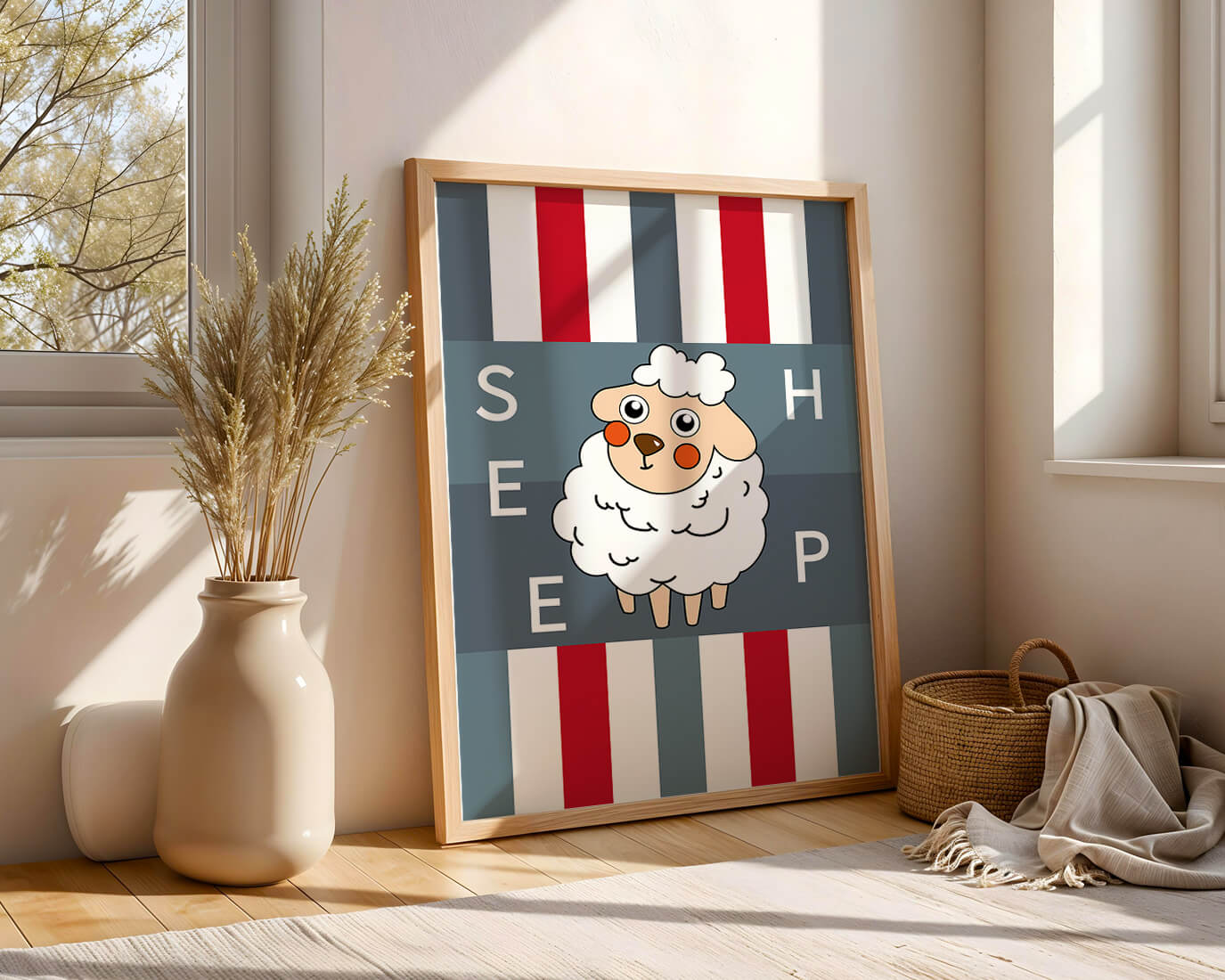 Playful sheep illustration on striped background