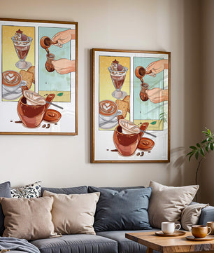 Ilustración artística de café y postre con detalles dorados