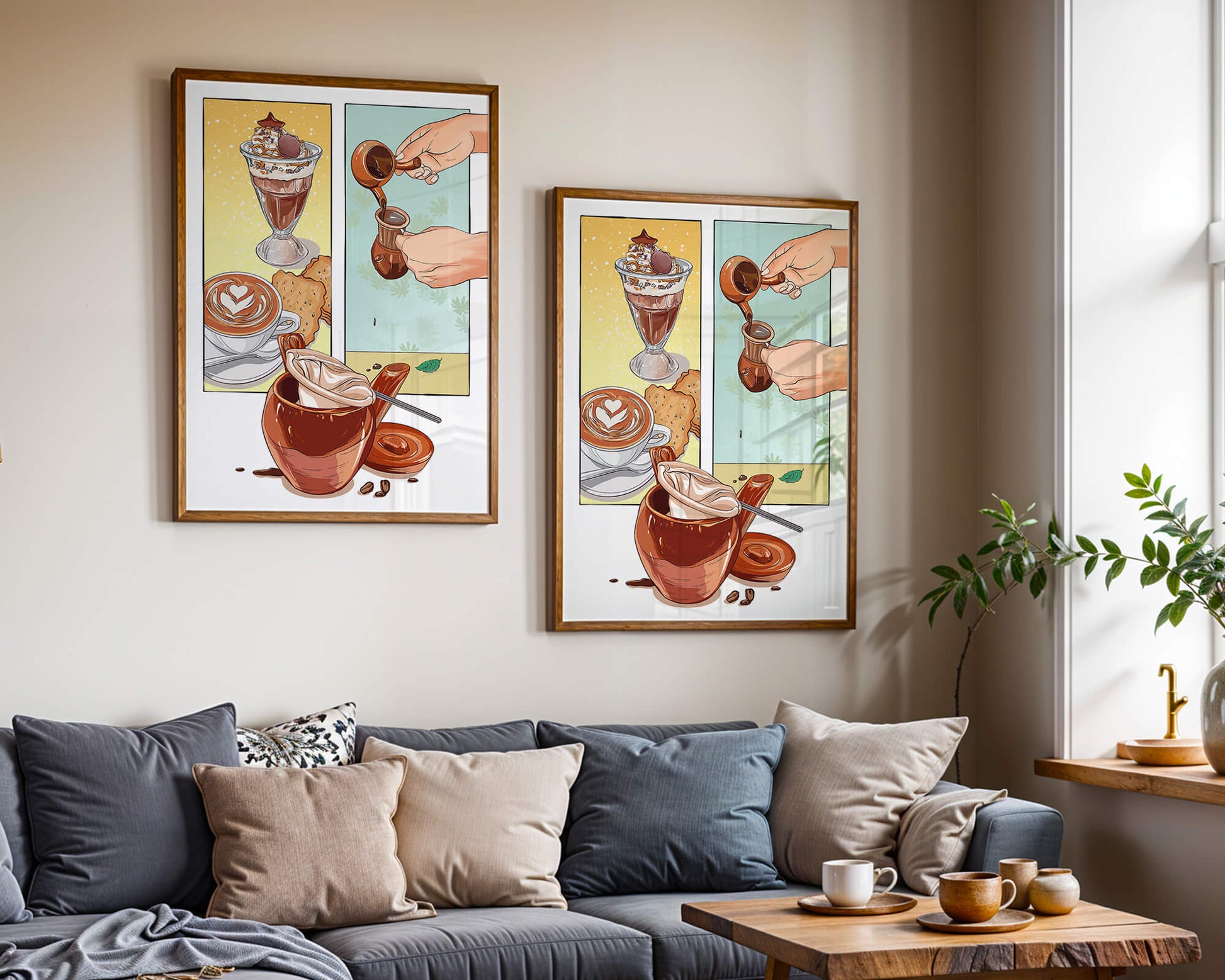 Ilustración artística de café y postre con detalles dorados