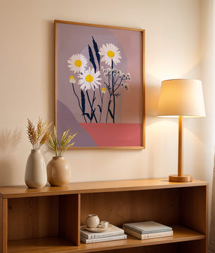 Illustrative floral artwork with daisies and abstract background