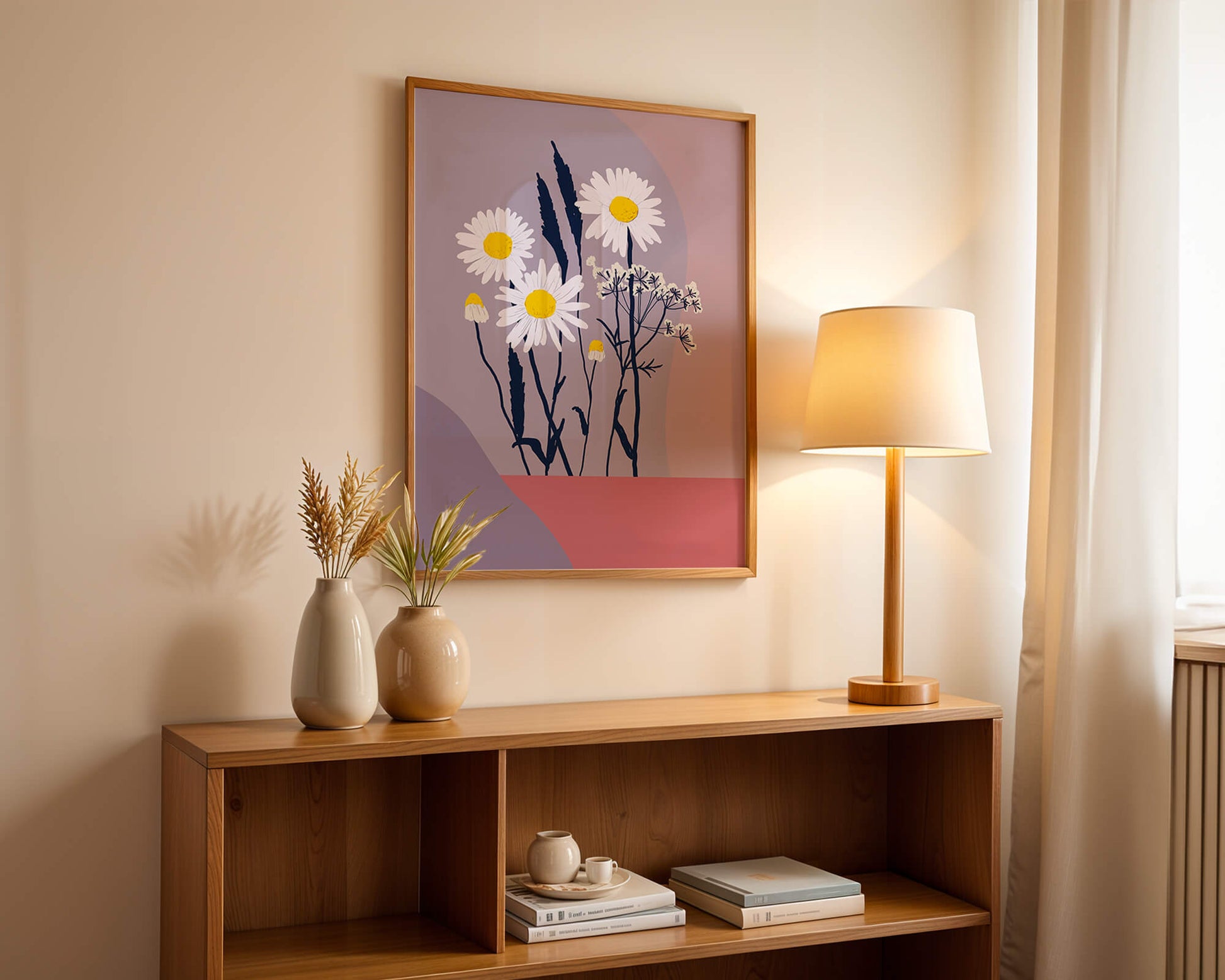 Illustrative floral artwork with daisies and abstract background