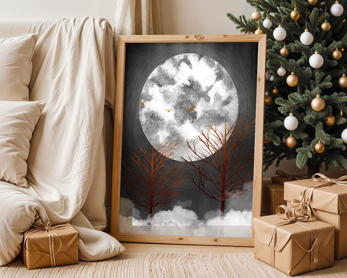 Surreal Night Scene with Trees and Golden Birds in Moonlight