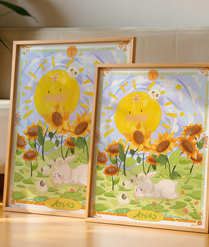 Ilustración encantadora de Aries con animales juguetones y girasoles
