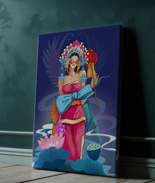 Colorful illustration of a woman in traditional attire with floral headdress