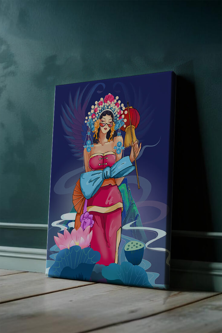 Colorful illustration of a woman in traditional attire with floral headdress