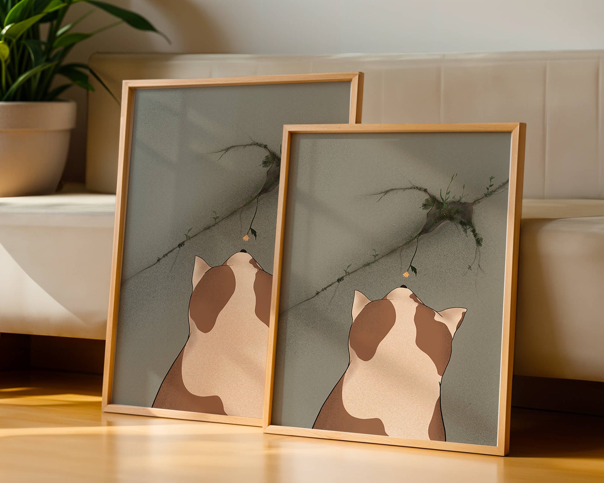 Chat observant une fleur poussant sur un mur fissuré