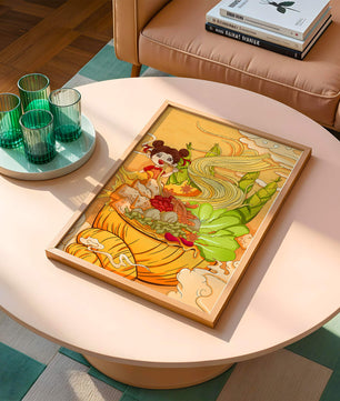 Ilustración colorida de un niño disfrutando de un tazón de fideos con verduras