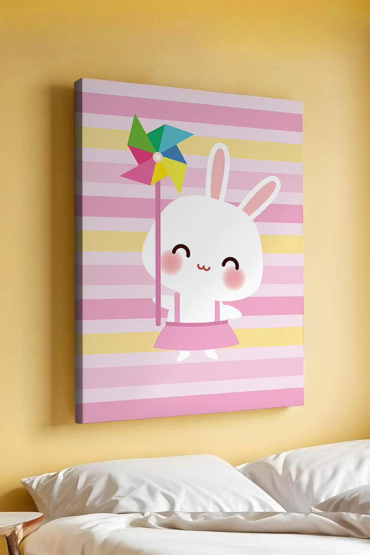 Adorable bunny with pinwheel on pastel striped backdrop