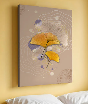 Elegante Blätter des Ginkgo mit abstrakten wellenförmigen und kreisförmigen Elementen