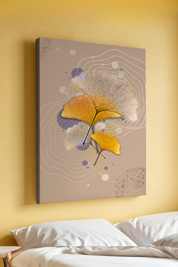Elegant ginkgo leaves with abstract wavy and circular elements