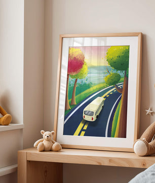 Scenic Road Trip with Vibrant Trees and Sunset