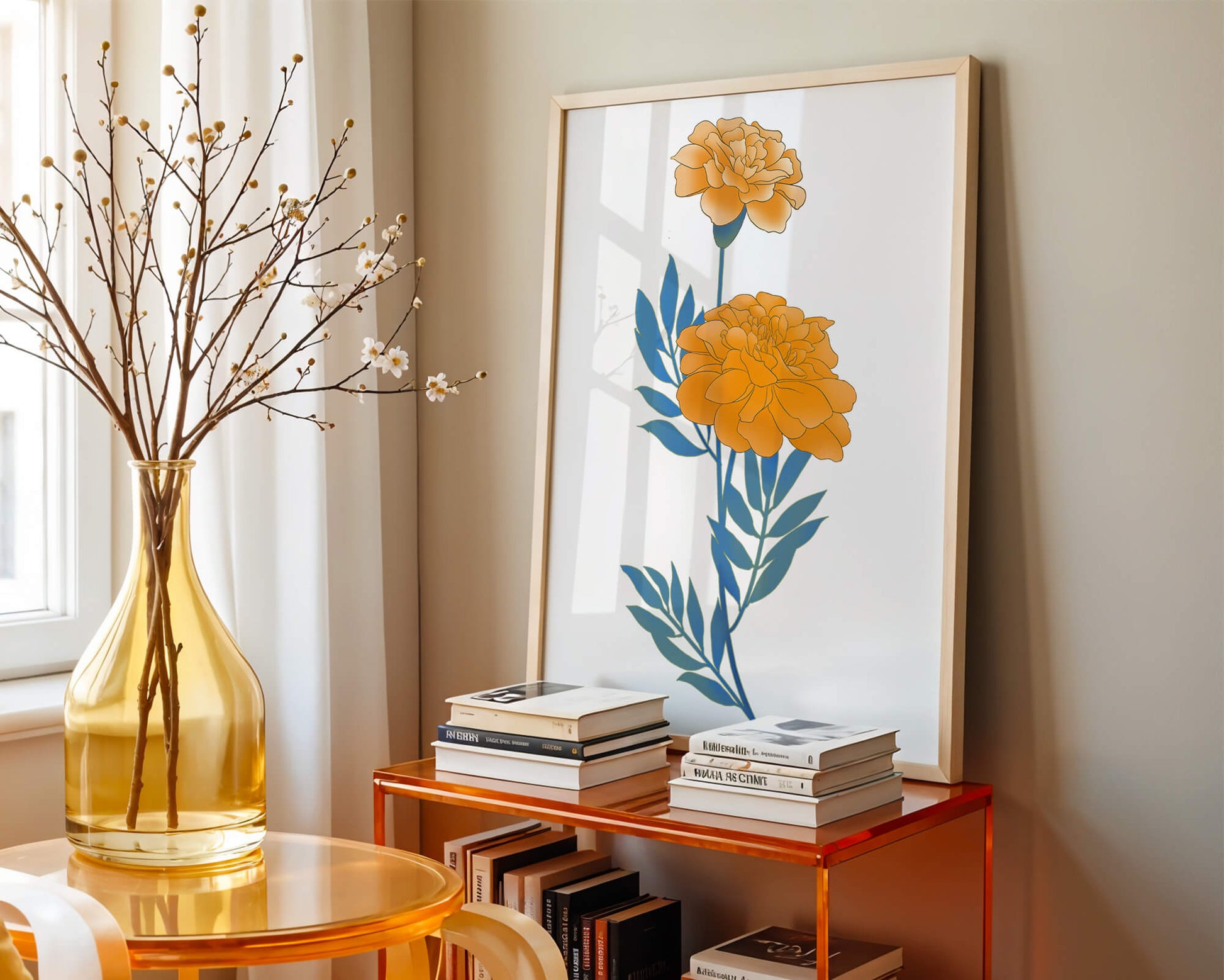 Elegante Illustration lebendiger Ringelblumen auf grünem Hintergrund