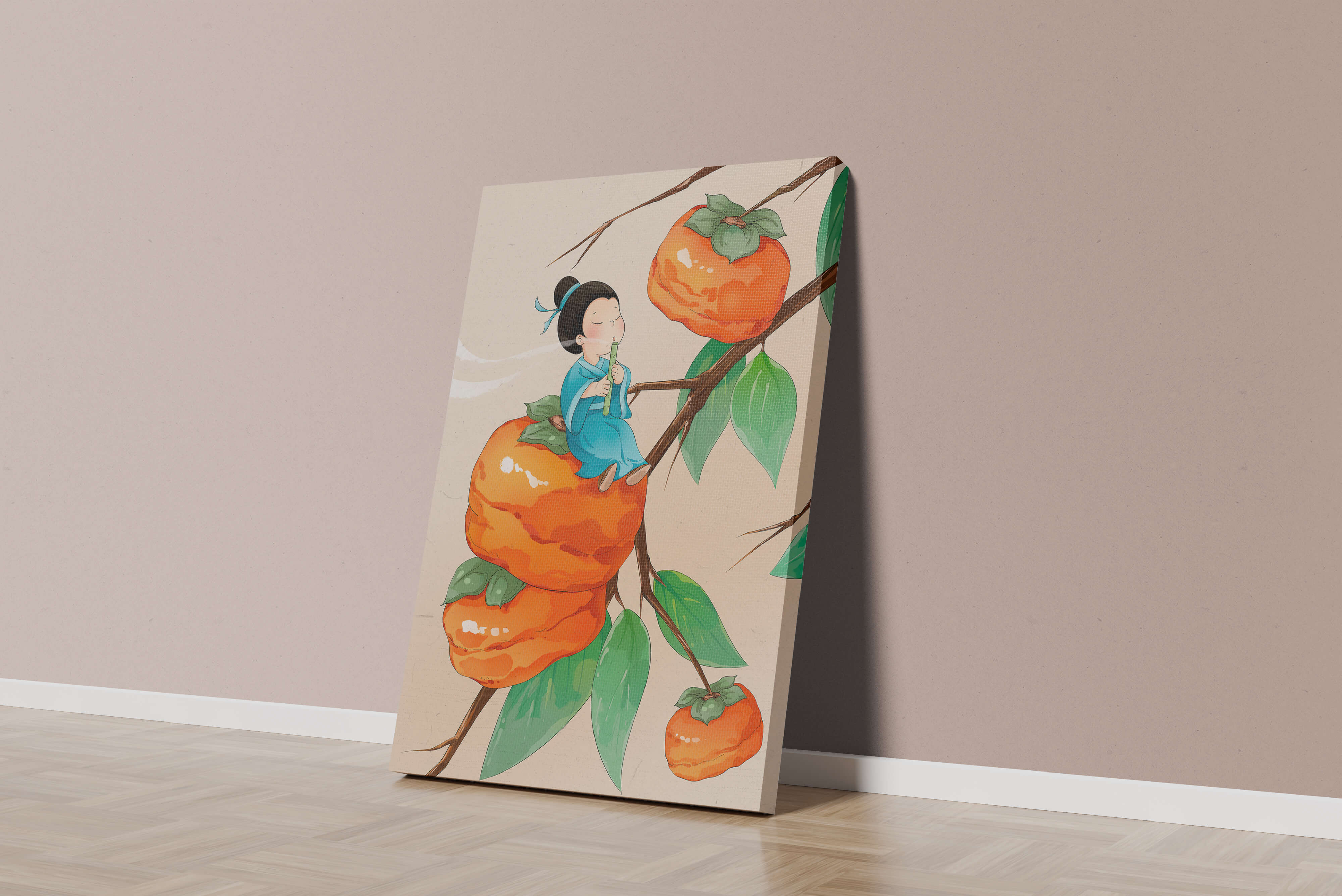 Child playing flute on persimmon-filled tree in whimsical illustration