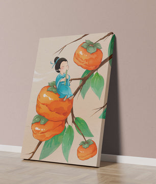 Child playing flute on persimmon-filled tree in whimsical illustration