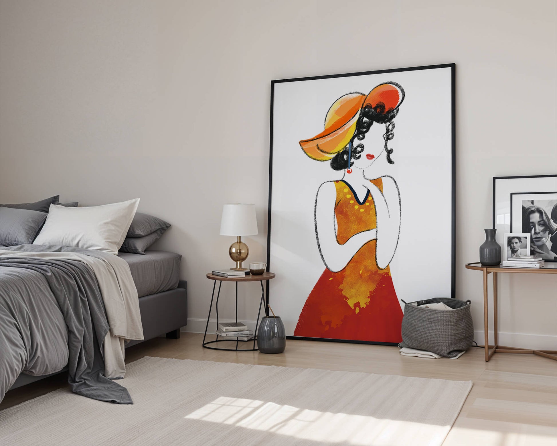 Elegant woman in a vibrant hat and dress illustration