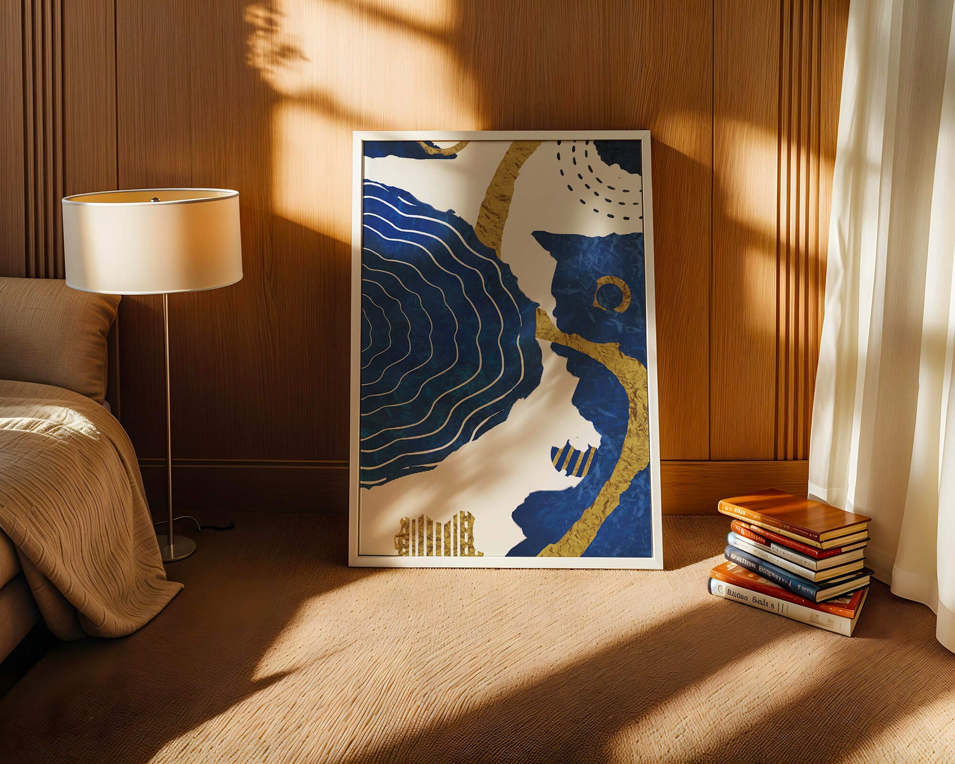 Diseño abstracto ondulado azul y dorado con patrones geométricos