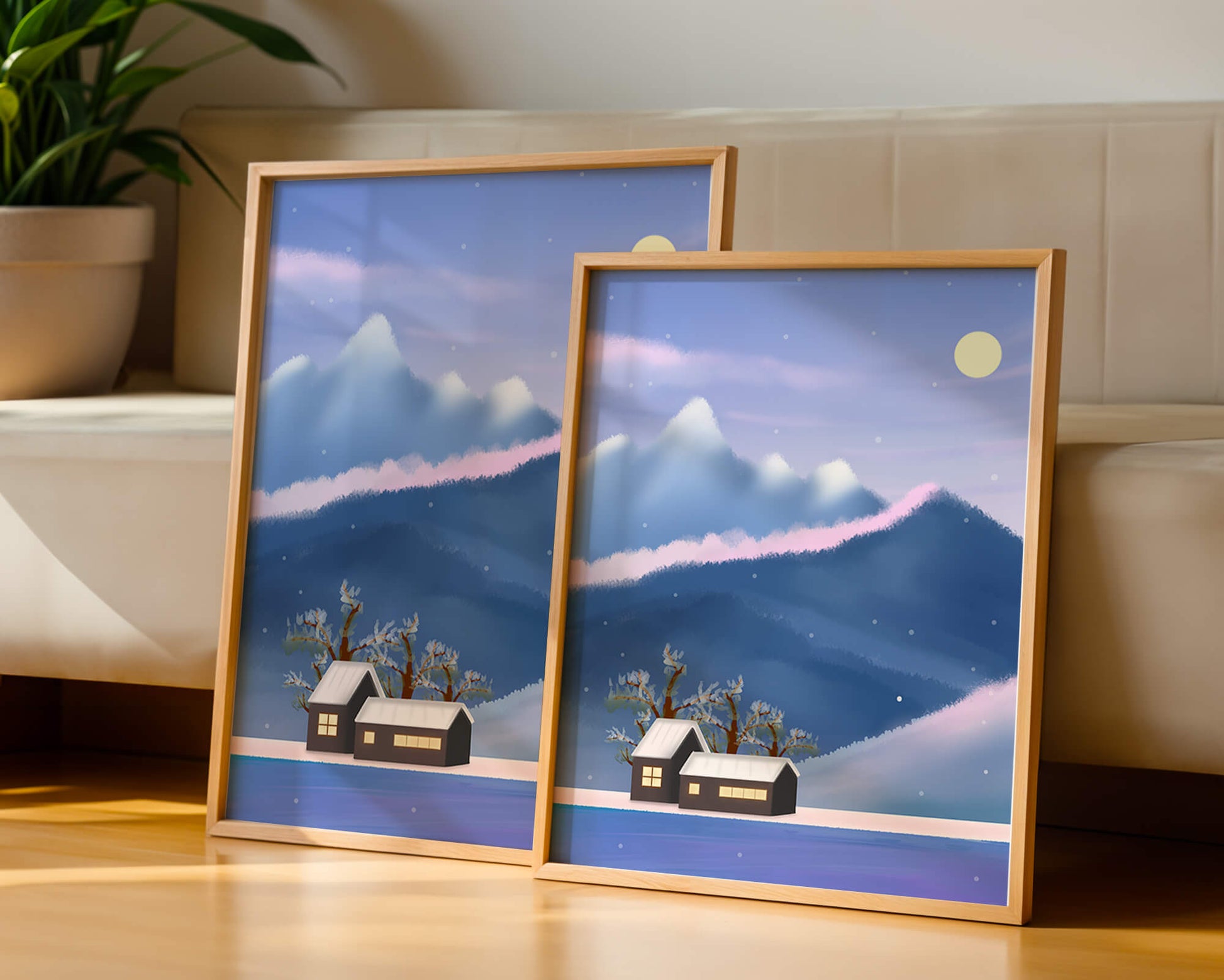 Paysage de montagne enneigée avec des maisons et des arbres sous la lumière de la lune