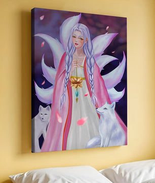 Fantasy art of ethereal figure with foxes and petals