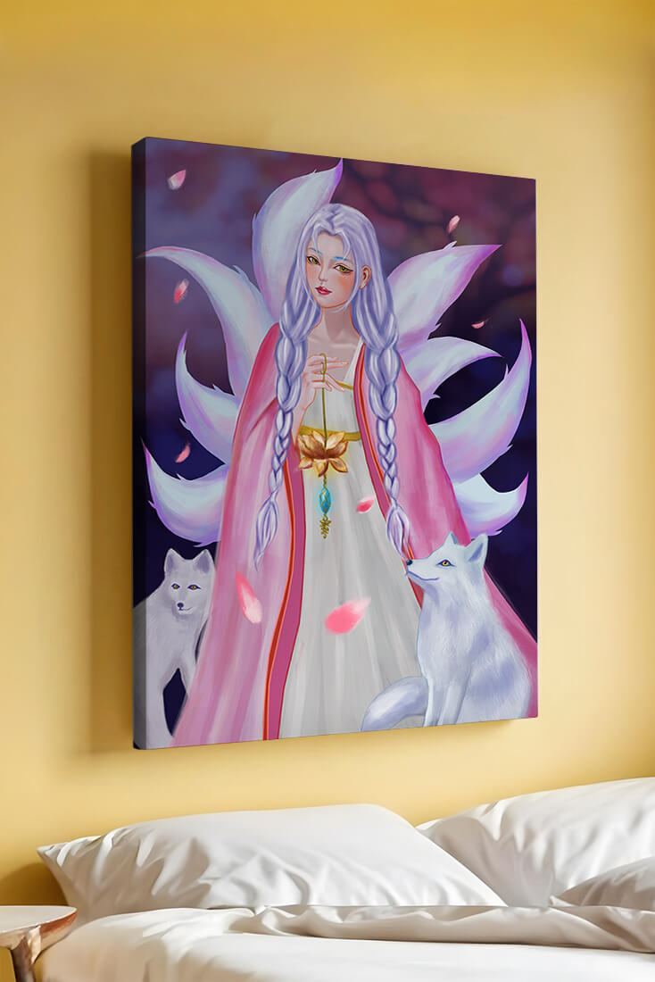 Fantasy art of ethereal figure with foxes and petals