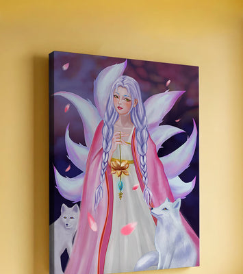 Fantasy art of ethereal figure with foxes and petals