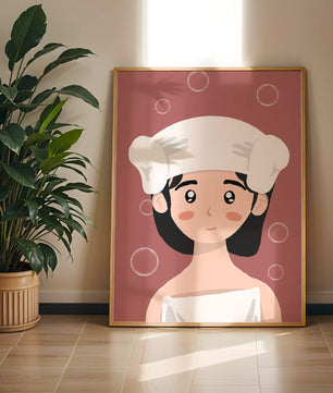Illustration of a person in a towel with bubbles on a pink background
