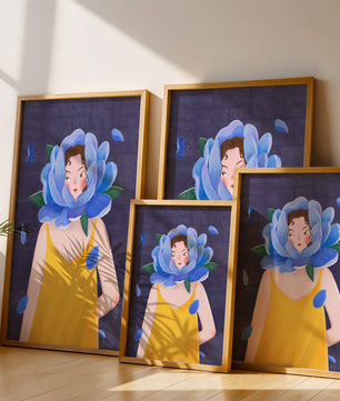 Illustration of woman with blue flower head and yellow dress