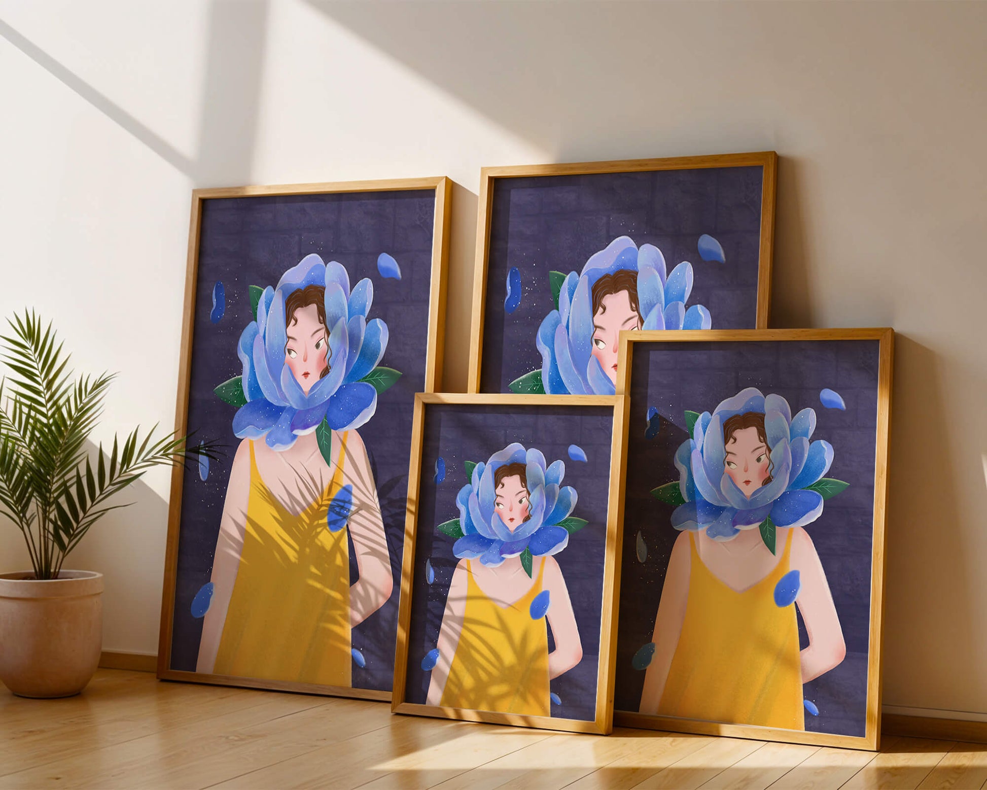 Illustration of woman with blue flower head and yellow dress