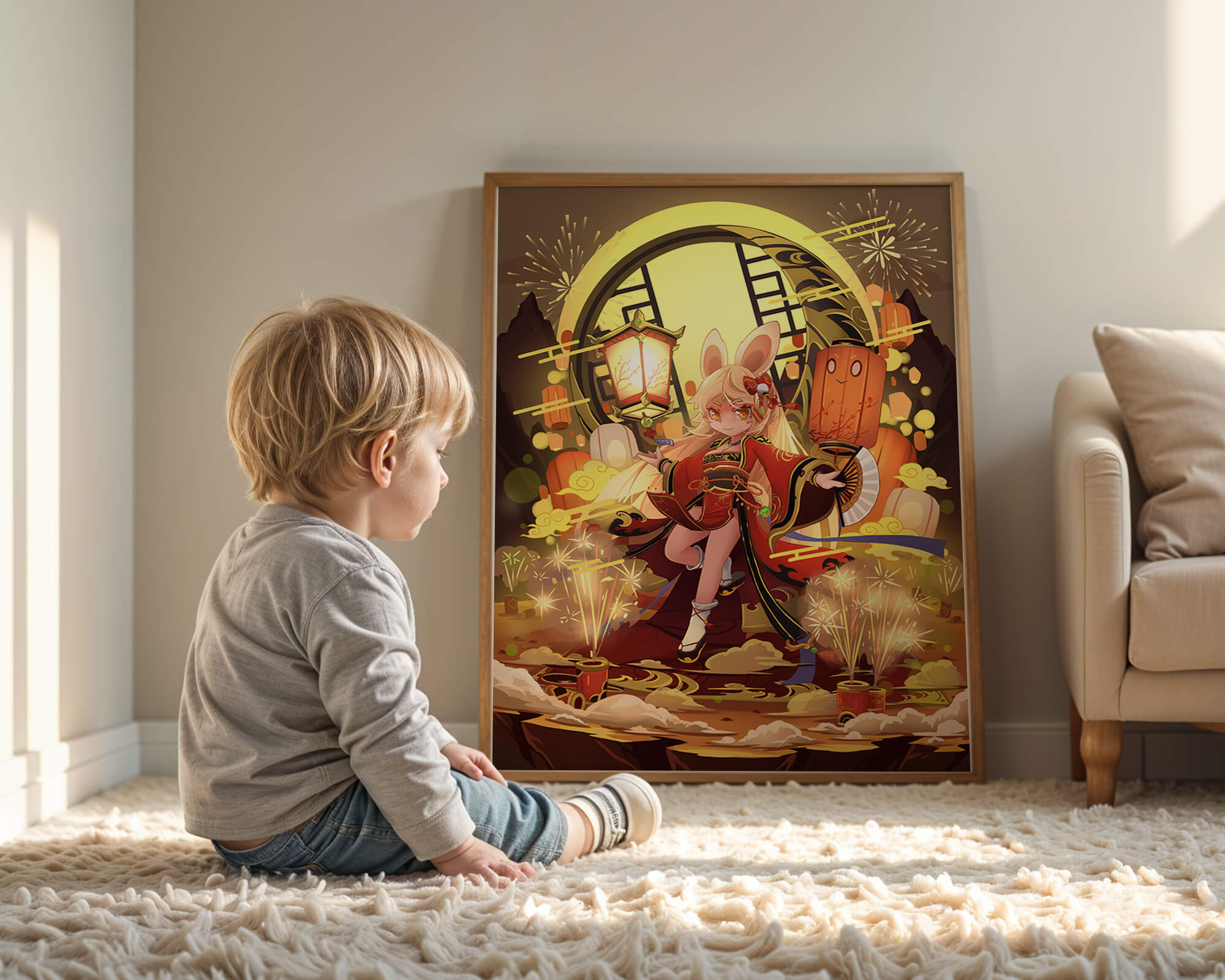 Festive celebration with a lantern-carrying character amidst fireworks and moonlight