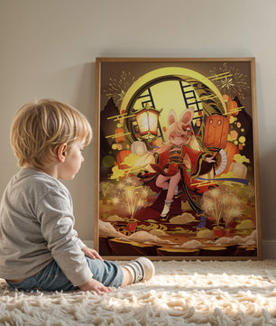 Festive celebration with a lantern-carrying character amidst fireworks and moonlight