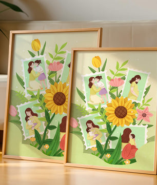 Ilustración de momentos familiares con fondo floral vibrante