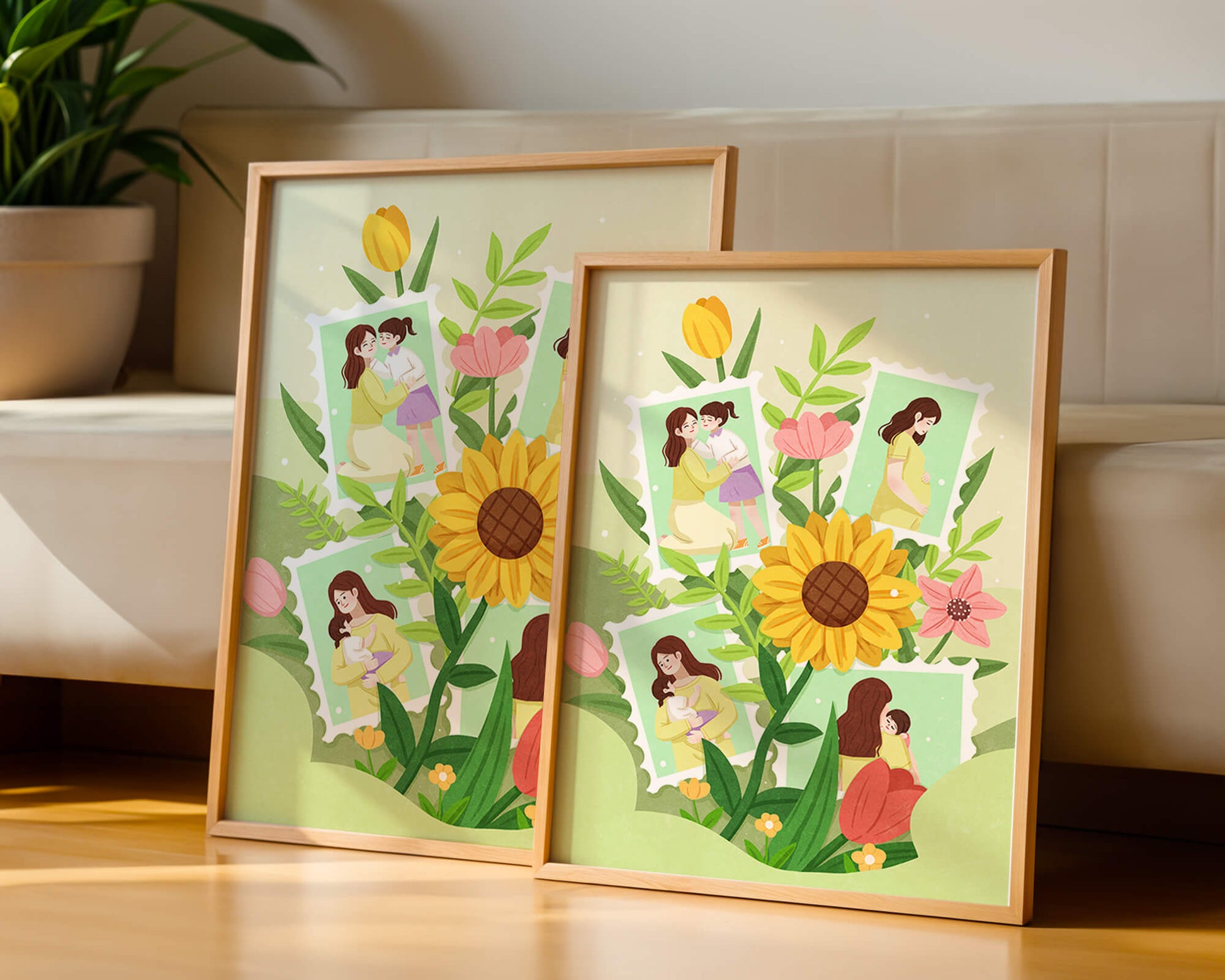 Ilustración de momentos familiares con fondo floral vibrante