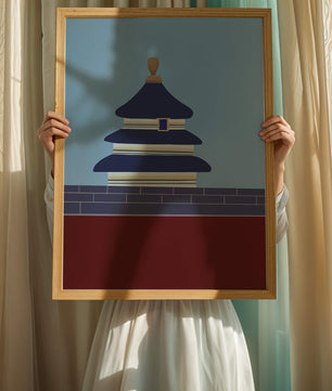 Ilustración abstracta del Templo del Cielo con detalles azules y dorados