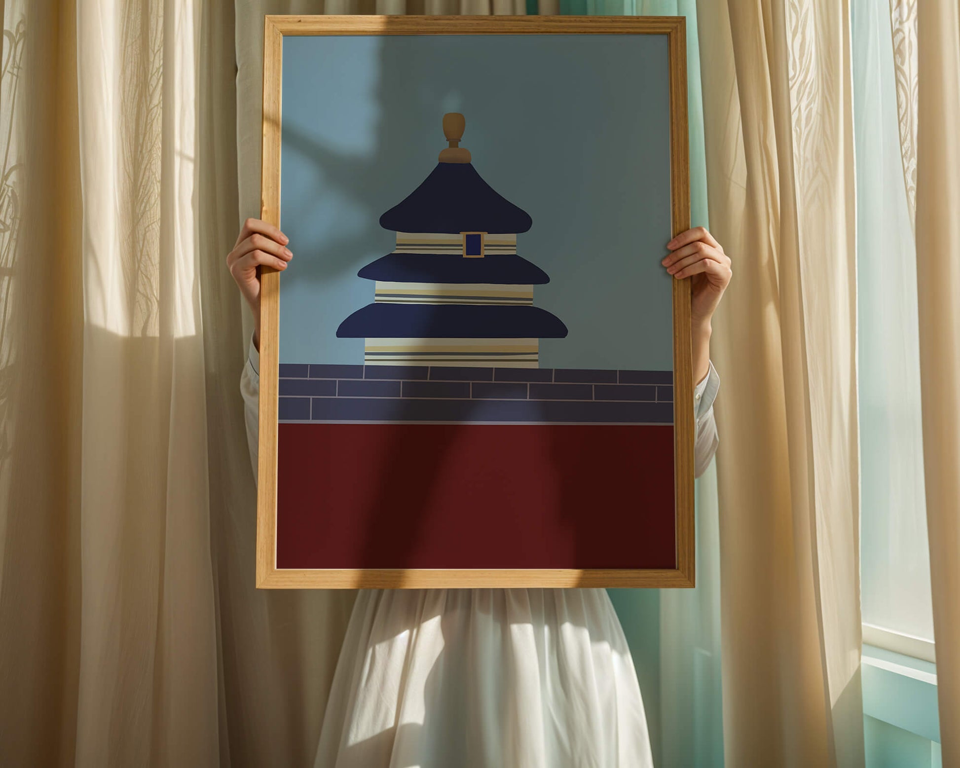 Ilustración abstracta del Templo del Cielo con detalles azules y dorados