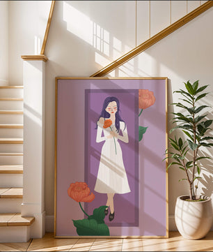 Illustration of a woman holding a flower in a serene pose