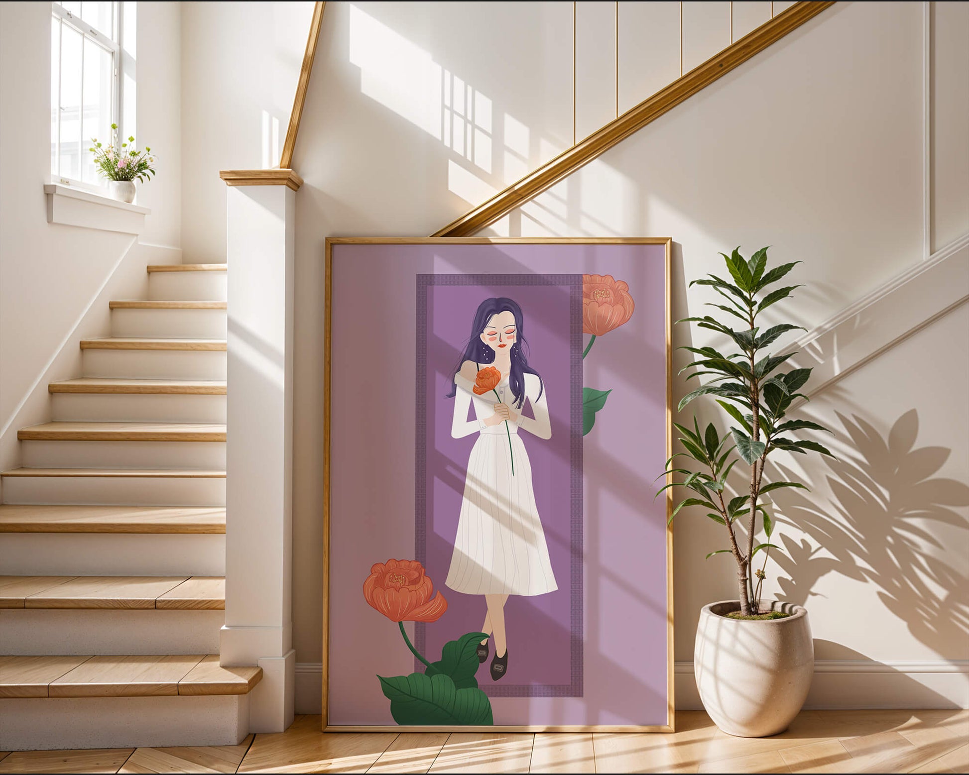 Illustration of a woman holding a flower in a serene pose