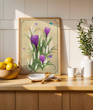 Elegant Crocus Flowers with Butterflies in a Delicate Frame