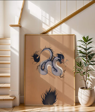 Illustration of a mystical dragon with fluid form on a beige background